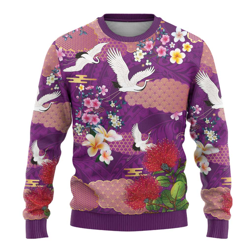 Hawaiian and Japanese Culture Together Ugly Christmas Sweater Purple Ohia Lehua Plumeria and Sakura Blooming - Polynesian Pride