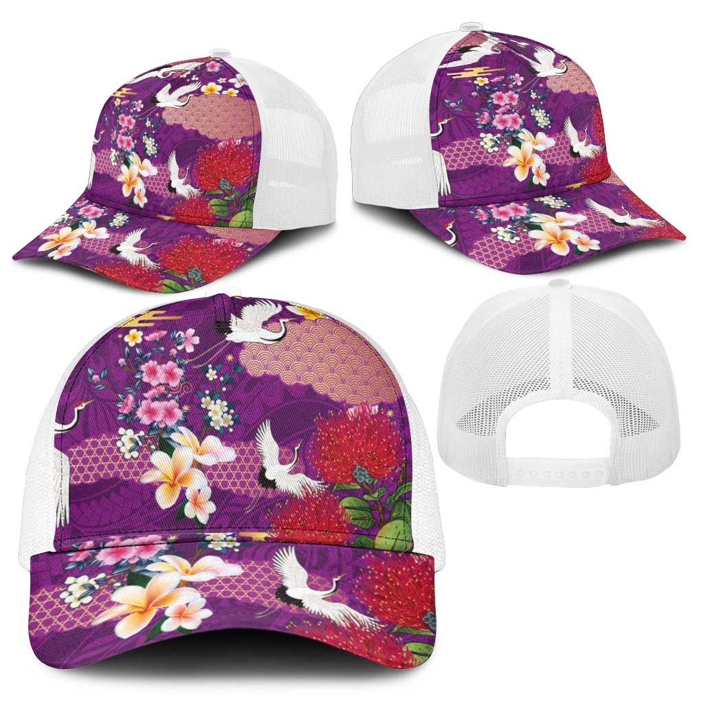 Hawaiian and Japanese Culture Together Mesh Trucker Cap Purple Ohia Lehua Plumeria and Sakura Blooming - Polynesian Pride