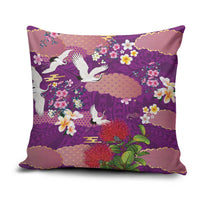 Hawaiian and Japanese Culture Together Pillow Cover Purple Ohia Lehua Plumeria and Sakura Blooming - Polynesian Pride