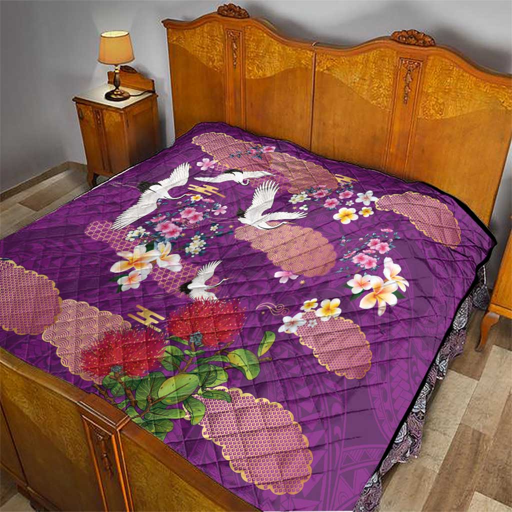 Hawaiian and Japanese Culture Together Quilt Purple Ohia Lehua Plumeria and Sakura Blooming - Polynesian Pride