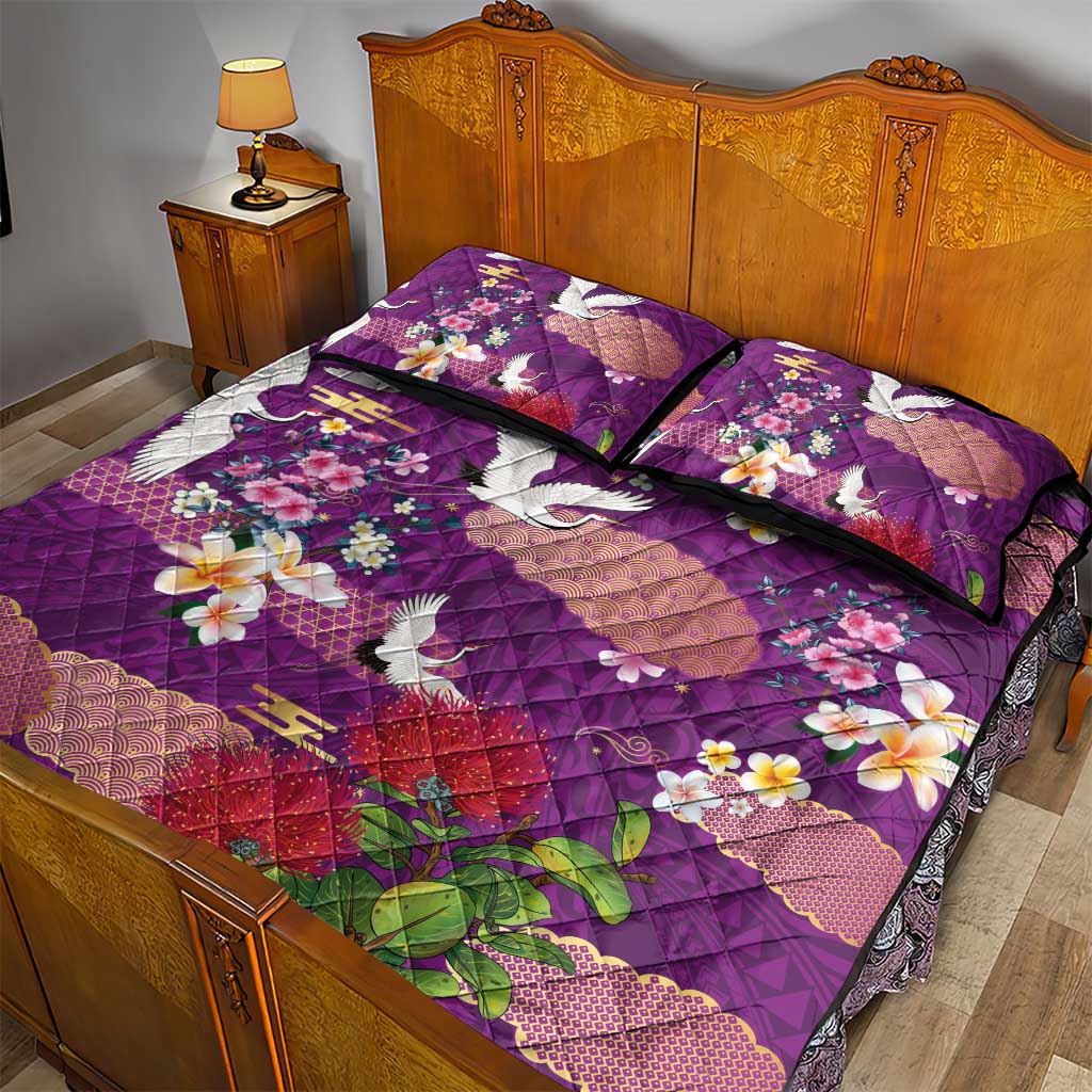 Hawaiian and Japanese Culture Together Quilt Bed Set Purple Ohia Lehua Plumeria and Sakura Blooming - Polynesian Pride