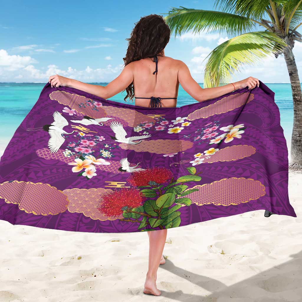 Hawaiian and Japanese Culture Together Sarong Purple Ohia Lehua Plumeria and Sakura Blooming - Polynesian Pride