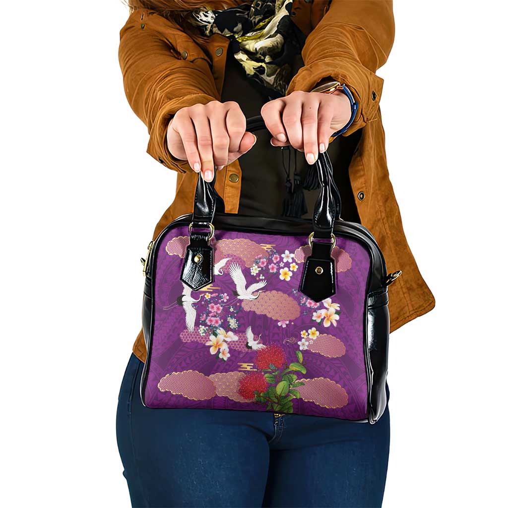Hawaiian and Japanese Culture Together Shoulder Handbag Purple Ohia Lehua Plumeria and Sakura Blooming LT03 One Size Purple - Polynesian Pride
