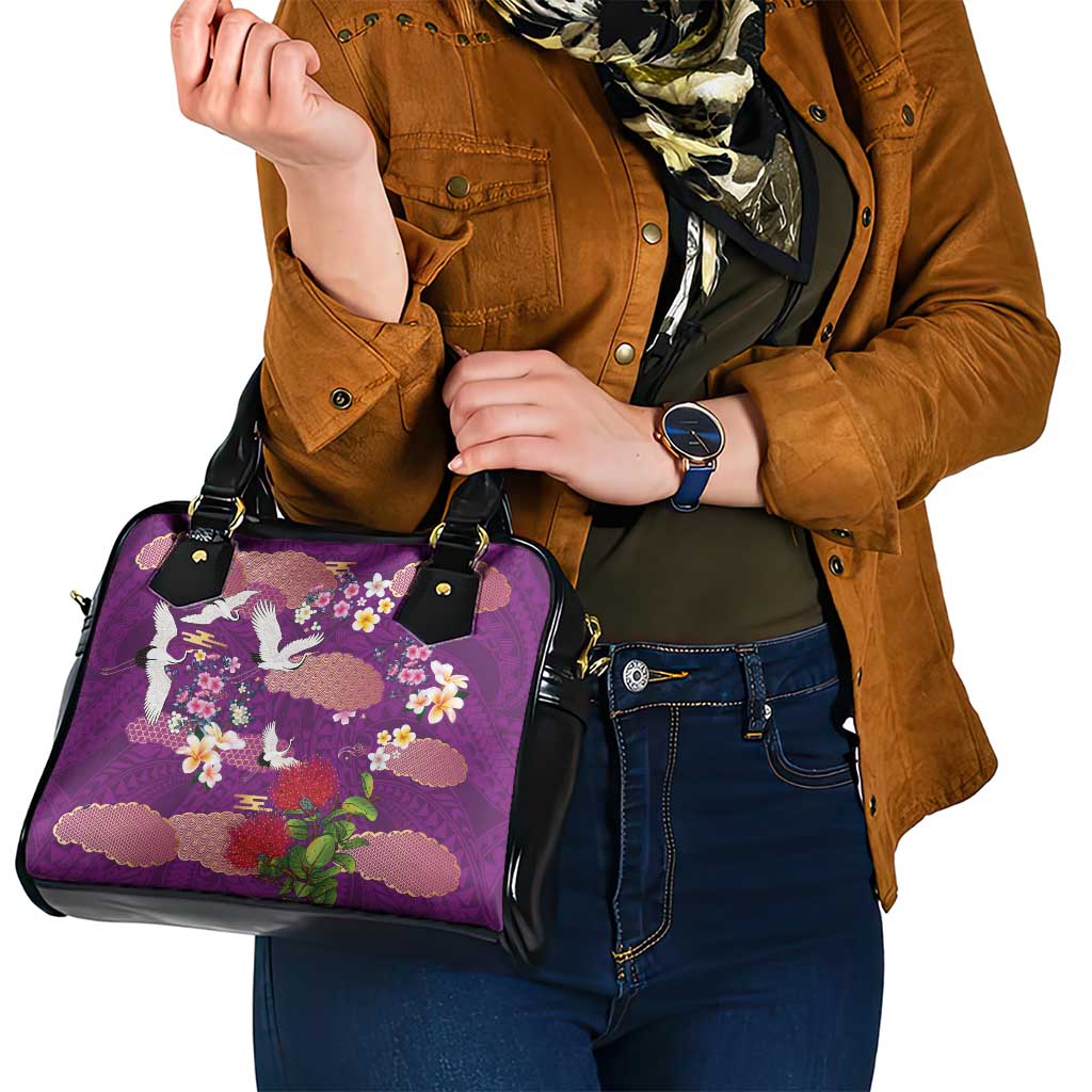 Hawaiian and Japanese Culture Together Shoulder Handbag Purple Ohia Lehua Plumeria and Sakura Blooming - Polynesian Pride