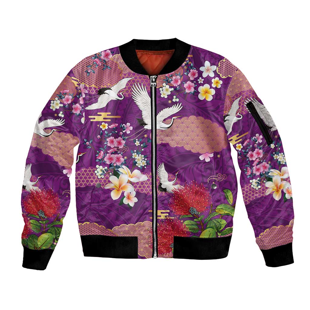 Hawaiian and Japanese Culture Together Sleeve Zip Bomber Jacket Purple Ohia Lehua Plumeria and Sakura Blooming - Polynesian Pride