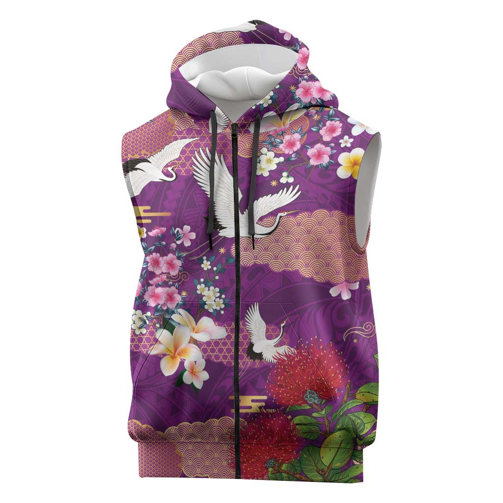 Hawaiian and Japanese Culture Together Sleeveless Zip Hoodie Purple Ohia Lehua Plumeria and Sakura Blooming LT03 Purple - Polynesian Pride
