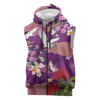 Hawaiian and Japanese Culture Together Sleeveless Zip Hoodie Purple Ohia Lehua Plumeria and Sakura Blooming - Polynesian Pride