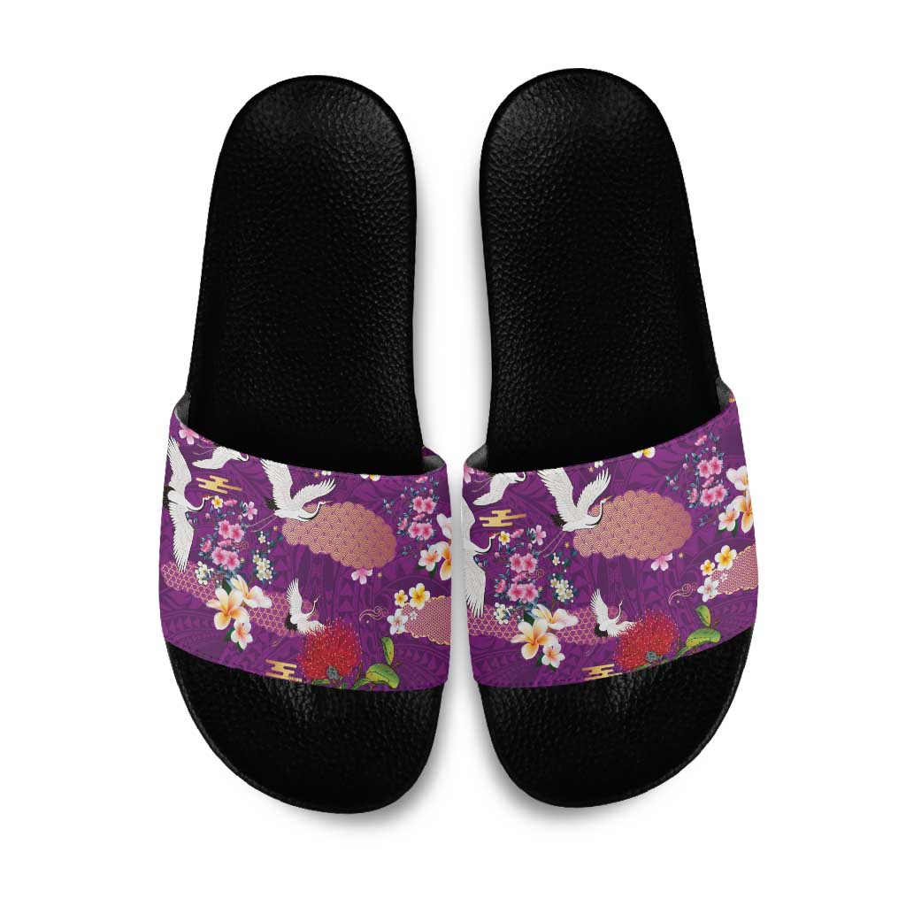 Hawaiian and Japanese Culture Together Slide Sandals Purple Ohia Lehua Plumeria and Sakura Blooming - Polynesian Pride
