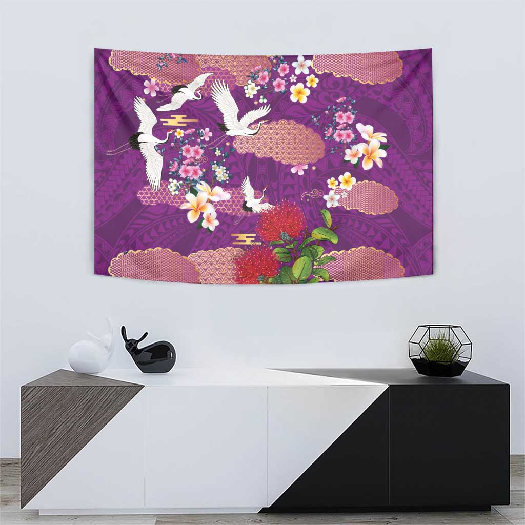Hawaiian and Japanese Culture Together Tapestry Purple Ohia Lehua Plumeria and Sakura Blooming - Polynesian Pride