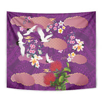 Hawaiian and Japanese Culture Together Tapestry Purple Ohia Lehua Plumeria and Sakura Blooming - Polynesian Pride