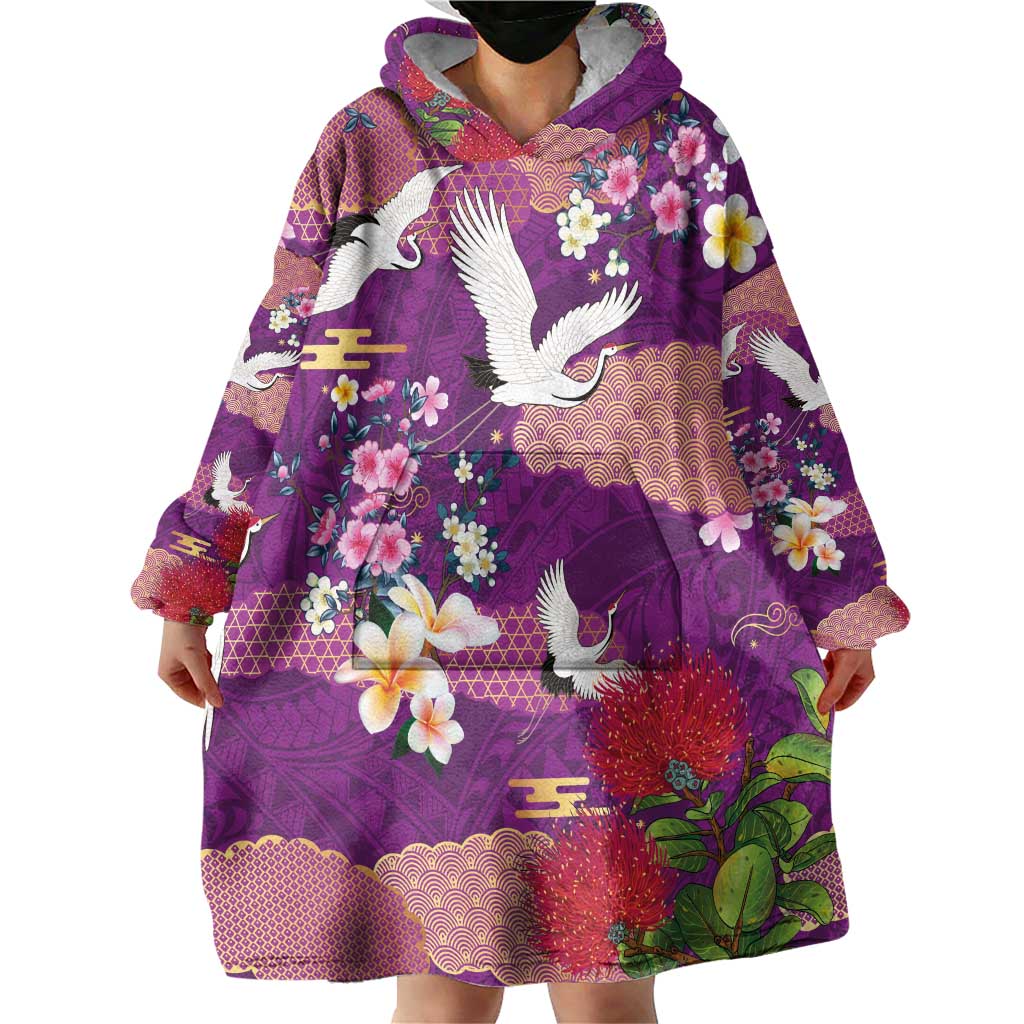 Hawaiian and Japanese Culture Together Wearable Blanket Hoodie Purple Ohia Lehua Plumeria and Sakura Blooming - Polynesian Pride