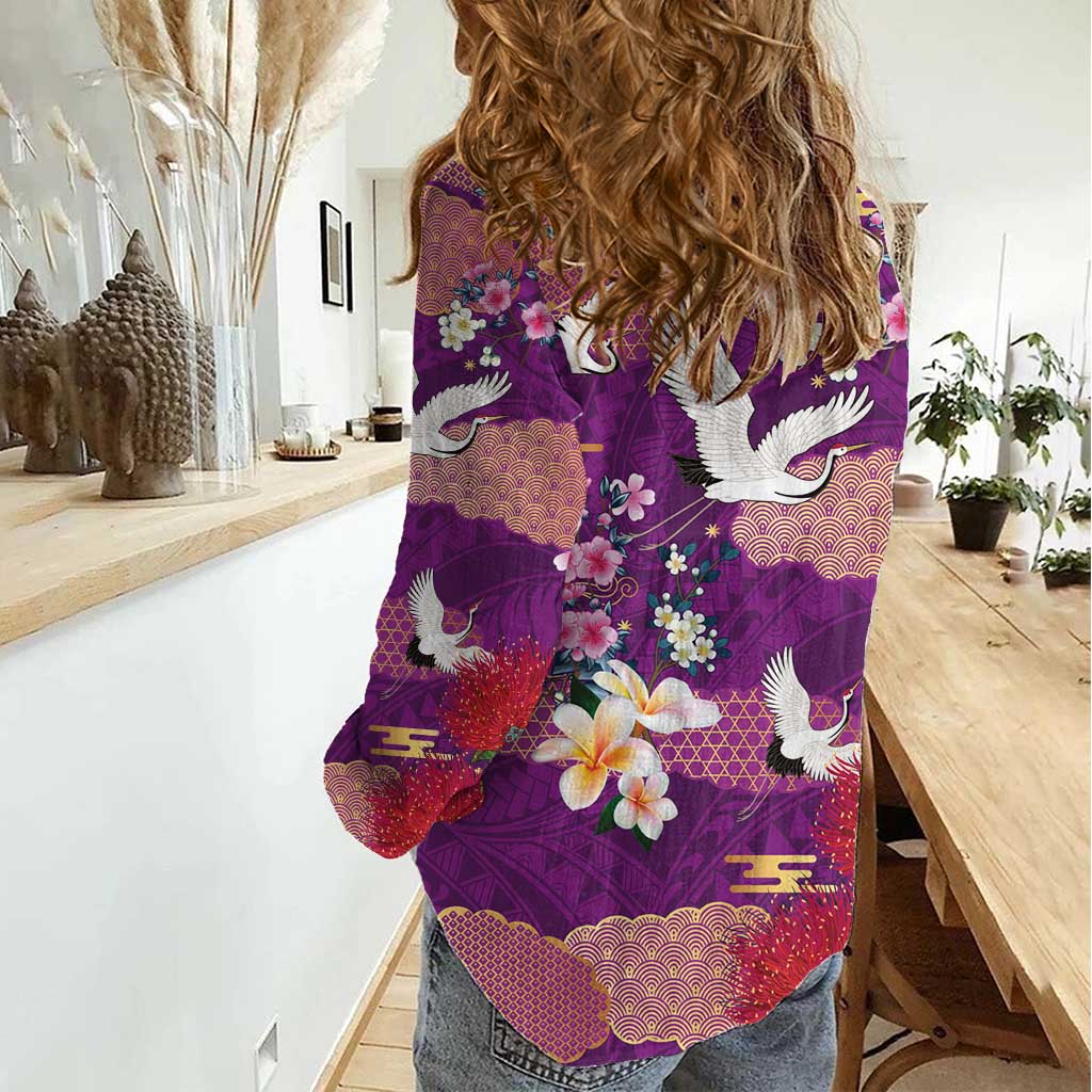 Hawaiian and Japanese Culture Together Women Casual Shirt Purple Ohia Lehua Plumeria and Sakura Blooming - Polynesian Pride