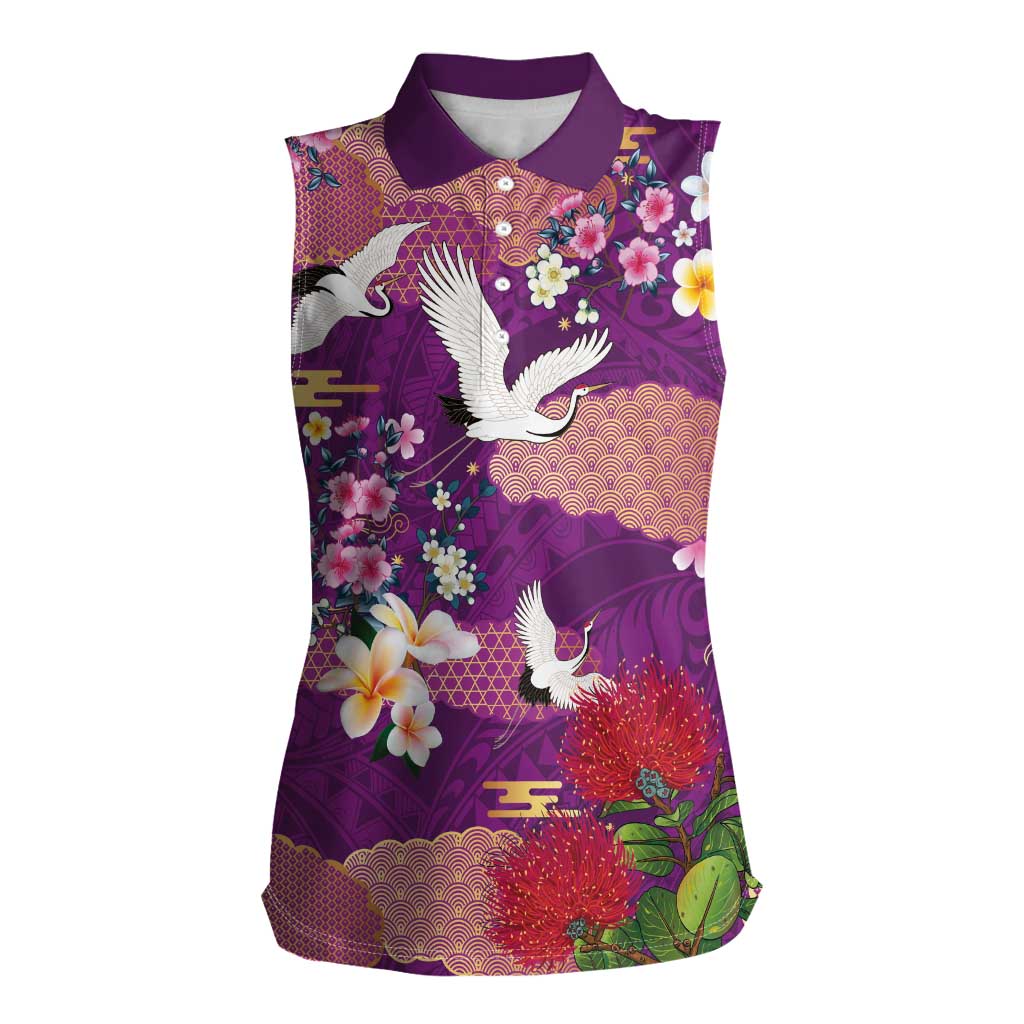 Hawaiian and Japanese Culture Together Women Sleeveless Polo Shirt Purple Ohia Lehua Plumeria and Sakura Blooming LT03 Female Purple - Polynesian Pride