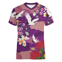Hawaiian and Japanese Culture Together Women V-Neck T-Shirt Purple Ohia Lehua Plumeria and Sakura Blooming - Polynesian Pride