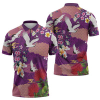 Hawaiian and Japanese Culture Together Zipper Polo Shirt Purple Ohia Lehua Plumeria and Sakura Blooming - Polynesian Pride