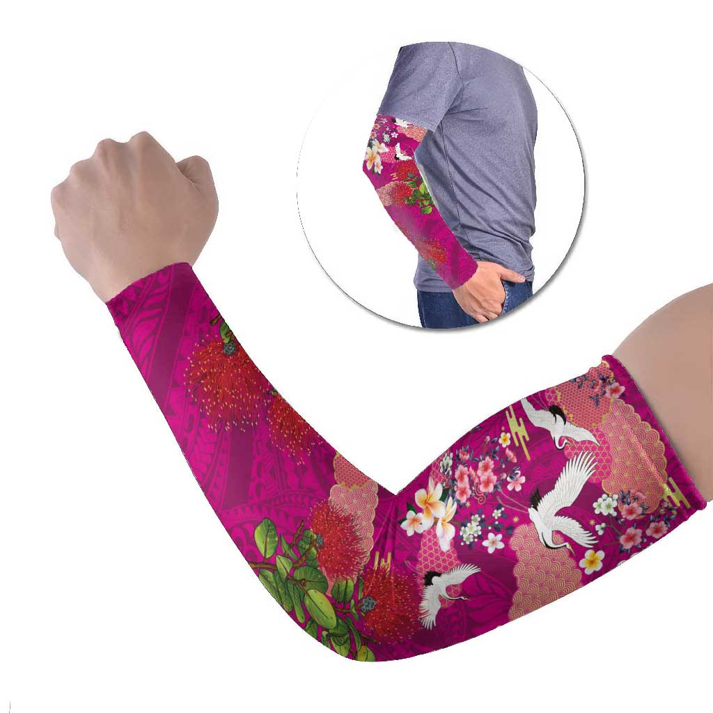 Hawaiian and Japanese Culture Together Arm Sleeves Pink Ohia Lehua Plumeria and Sakura Blooming LT03 Set of 2 Pink - Polynesian Pride
