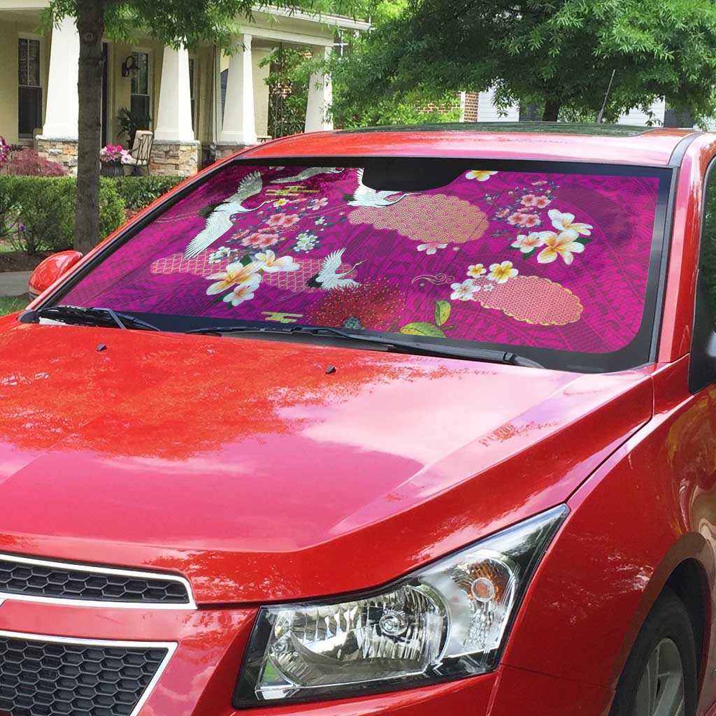 Hawaiian and Japanese Culture Together Auto Sun Shade Pink Ohia Lehua Plumeria and Sakura Blooming - Polynesian Pride