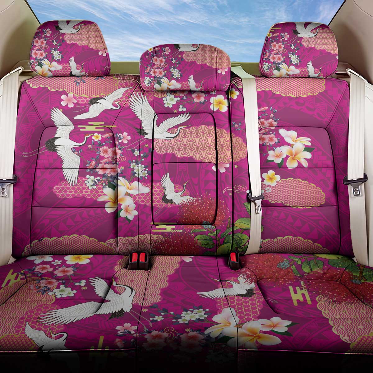 Hawaiian and Japanese Culture Together Back Car Seat Cover Pink Ohia Lehua Plumeria and Sakura Blooming LT03 One Size Pink - Polynesian Pride
