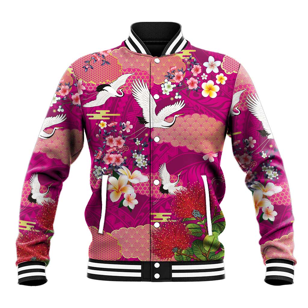 Hawaiian and Japanese Culture Together Baseball Jacket Pink Ohia Lehua Plumeria and Sakura Blooming LT03 Unisex Pink - Polynesian Pride