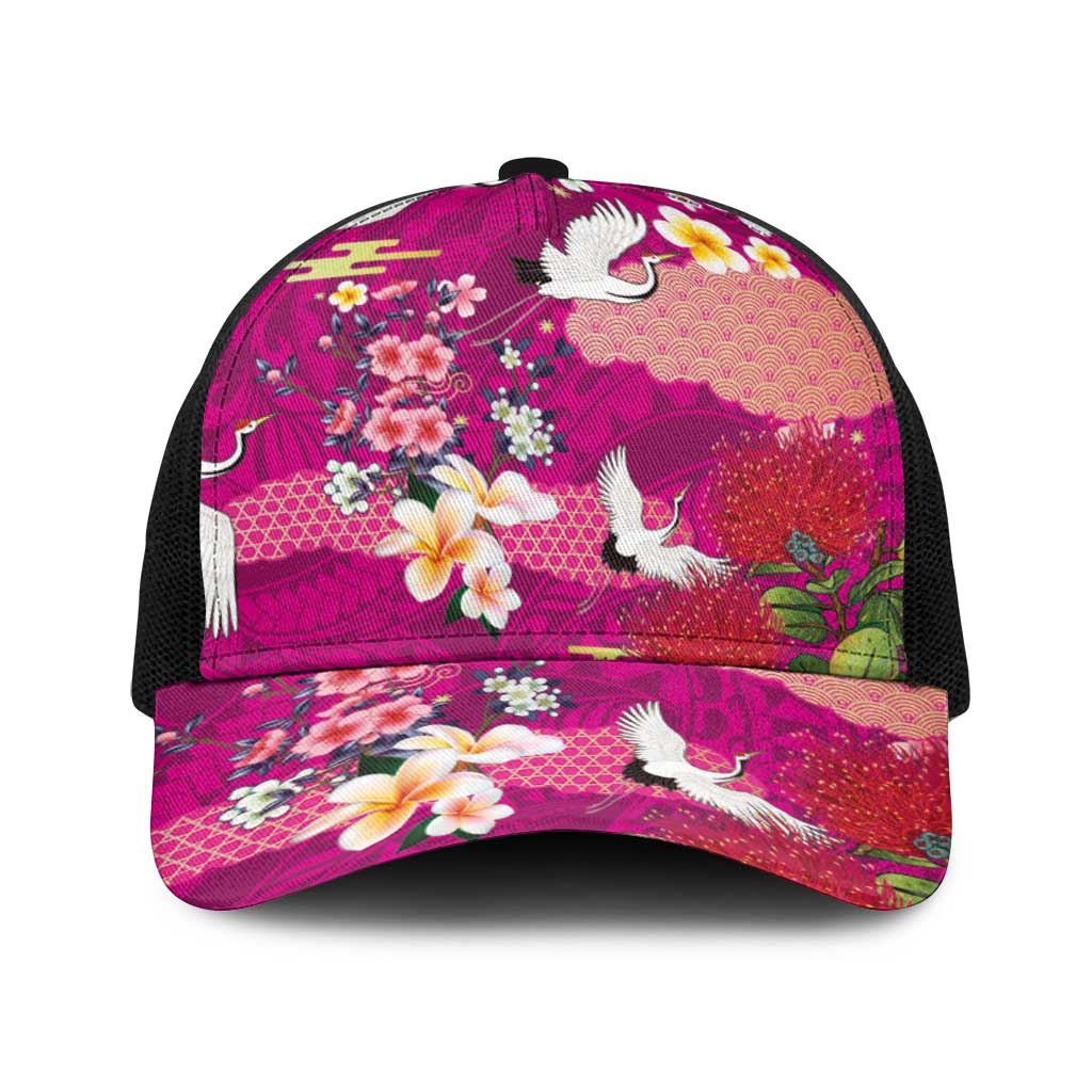 Hawaiian and Japanese Culture Together Baseball Net Cap Pink Ohia Lehua Plumeria and Sakura Blooming LT03 One Size Black Pink - Polynesian Pride