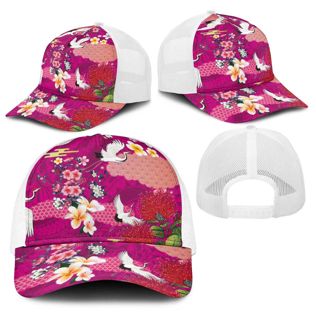 Hawaiian and Japanese Culture Together Baseball Net Cap Pink Ohia Lehua Plumeria and Sakura Blooming - Polynesian Pride