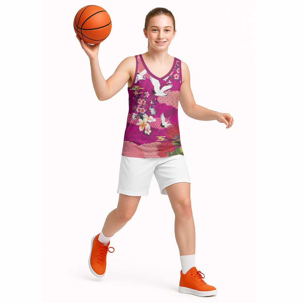Hawaiian and Japanese Culture Together Basketball Jersey Pink Ohia Lehua Plumeria and Sakura Blooming - Polynesian Pride