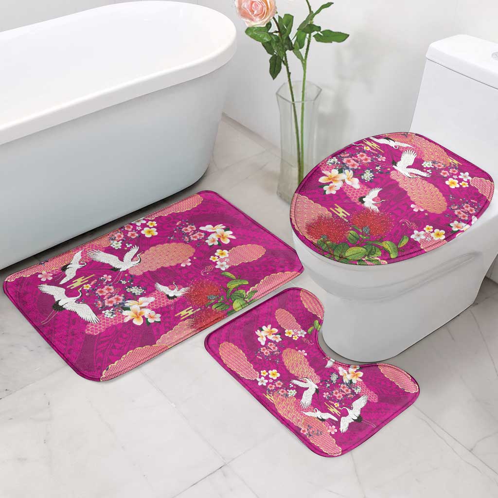 Hawaiian and Japanese Culture Together Bathroom Set Pink Ohia Lehua Plumeria and Sakura Blooming - Polynesian Pride