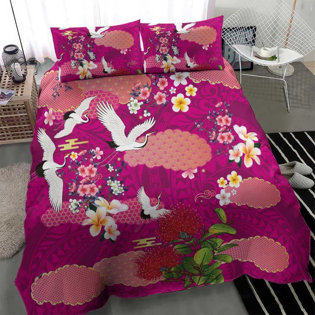 Hawaiian and Japanese Culture Together Bedding Set Pink Ohia Lehua Plumeria and Sakura Blooming - Polynesian Pride