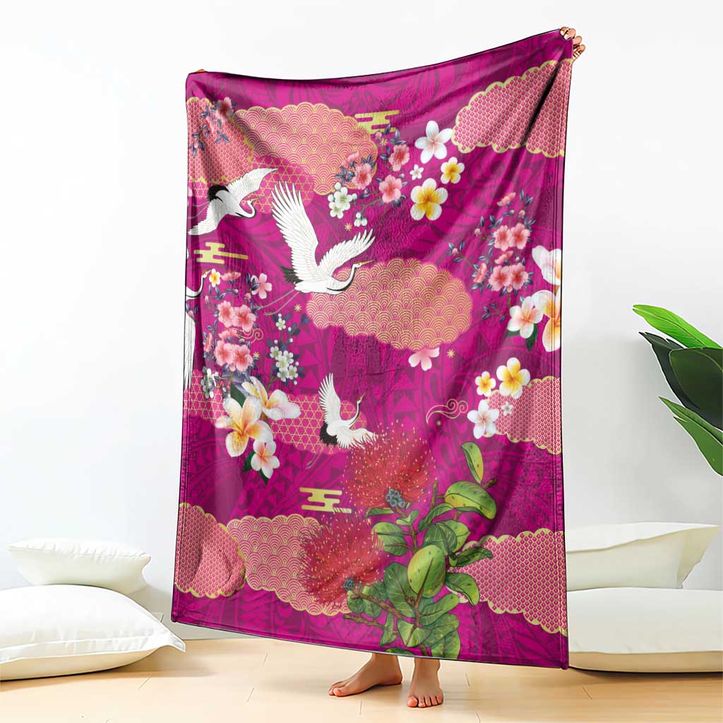 Hawaiian and Japanese Culture Together Blanket Pink Ohia Lehua Plumeria and Sakura Blooming - Polynesian Pride
