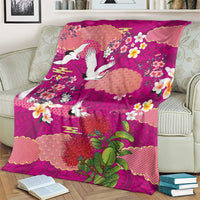 Hawaiian and Japanese Culture Together Blanket Pink Ohia Lehua Plumeria and Sakura Blooming - Polynesian Pride