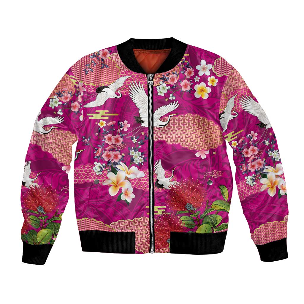 Hawaiian and Japanese Culture Together Bomber Jacket Pink Ohia Lehua Plumeria and Sakura Blooming - Polynesian Pride
