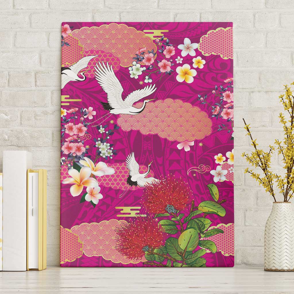Hawaiian and Japanese Culture Together Canvas Wall Art Pink Ohia Lehua Plumeria and Sakura Blooming LT03 Without Frame Pink - Polynesian Pride