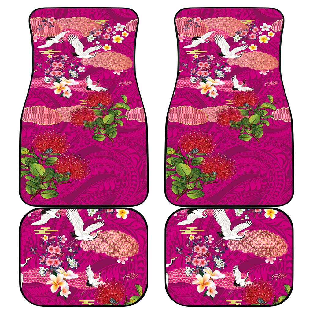Hawaiian and Japanese Culture Together Car Mats Pink Ohia Lehua Plumeria and Sakura Blooming - Polynesian Pride