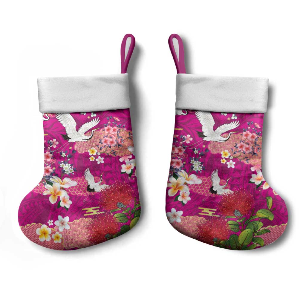 Hawaiian and Japanese Culture Together Christmas Stocking Pink Ohia Lehua Plumeria and Sakura Blooming - Polynesian Pride