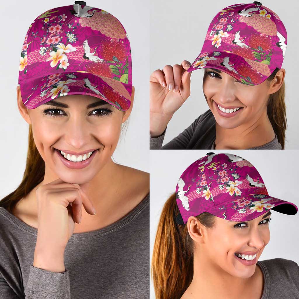 Hawaiian and Japanese Culture Together Classic Cap Pink Ohia Lehua Plumeria and Sakura Blooming - Polynesian Pride