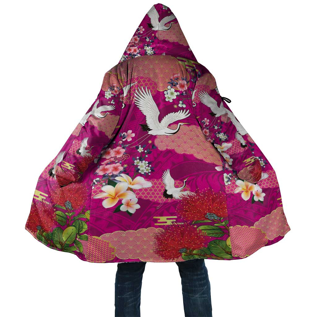 Hawaiian and Japanese Culture Together Cloak Pink Ohia Lehua Plumeria and Sakura Blooming LT03 Unisex Pink - Polynesian Pride