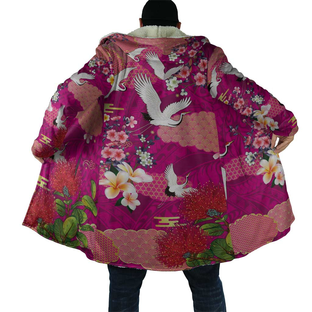 Hawaiian and Japanese Culture Together Cloak Pink Ohia Lehua Plumeria and Sakura Blooming LT03 - Polynesian Pride