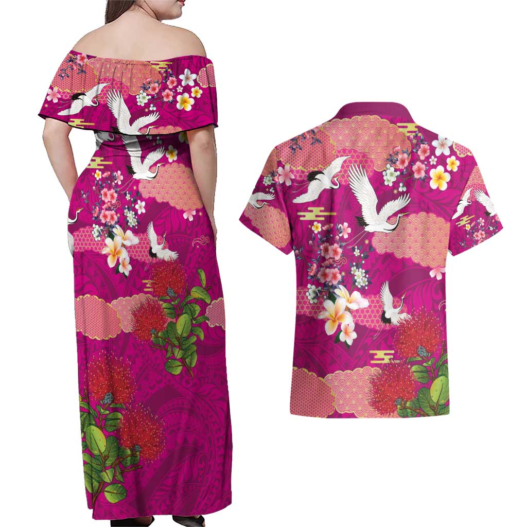 Hawaiian and Japanese Culture Together Couples Matching Off Shoulder Maxi Dress and Hawaiian Shirt Pink Ohia Lehua Plumeria and Sakura Blooming - Polynesian Pride