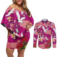 Hawaiian and Japanese Culture Together Couples Matching Off Shoulder Short Dress and Long Sleeve Button Shirt Pink Ohia Lehua Plumeria and Sakura Blooming - Polynesian Pride
