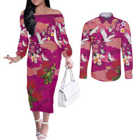 Hawaiian and Japanese Culture Together Couples Matching Off The Shoulder Long Sleeve Dress and Long Sleeve Button Shirt Pink Ohia Lehua Plumeria and Sakura Blooming - Polynesian Pride