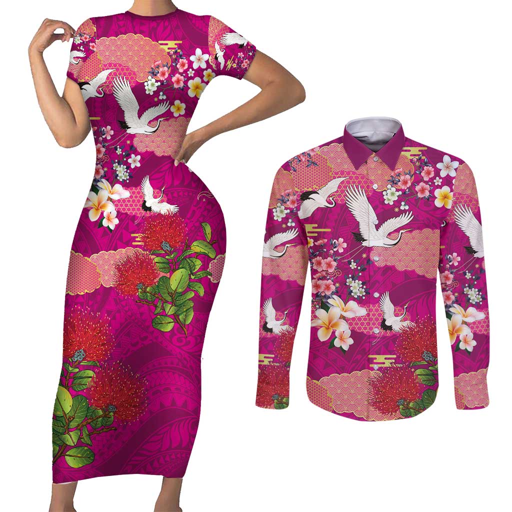 Hawaiian and Japanese Culture Together Couples Matching Short Sleeve Bodycon Dress and Long Sleeve Button Shirt Pink Ohia Lehua Plumeria and Sakura Blooming - Polynesian Pride