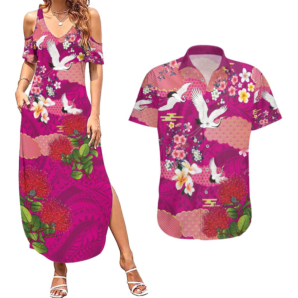 Hawaiian and Japanese Culture Together Couples Matching Summer Maxi Dress and Hawaiian Shirt Pink Ohia Lehua Plumeria and Sakura Blooming - Polynesian Pride