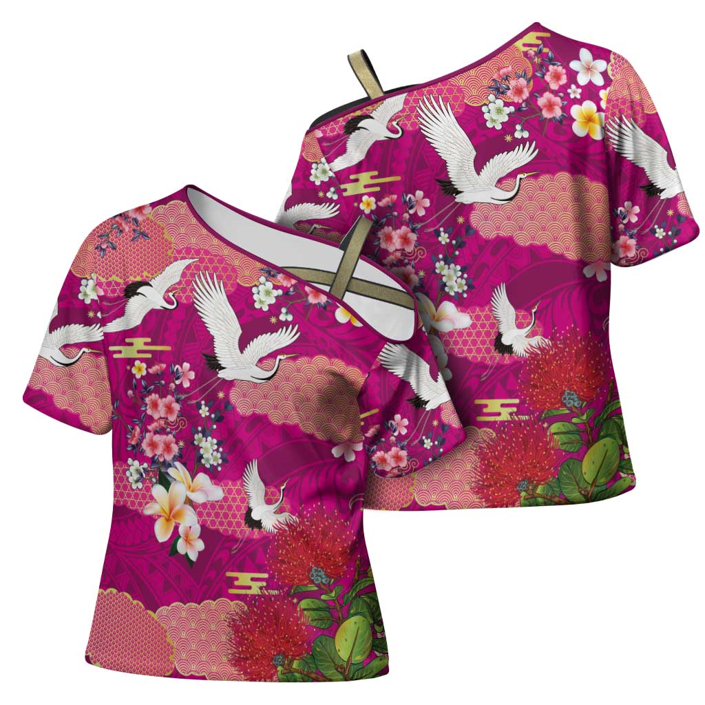 Hawaiian and Japanese Culture Together Cross Shoulder Shirt Pink Ohia Lehua Plumeria and Sakura Blooming - Polynesian Pride