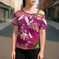 Hawaiian and Japanese Culture Together Cross Shoulder Shirt Pink Ohia Lehua Plumeria and Sakura Blooming - Polynesian Pride