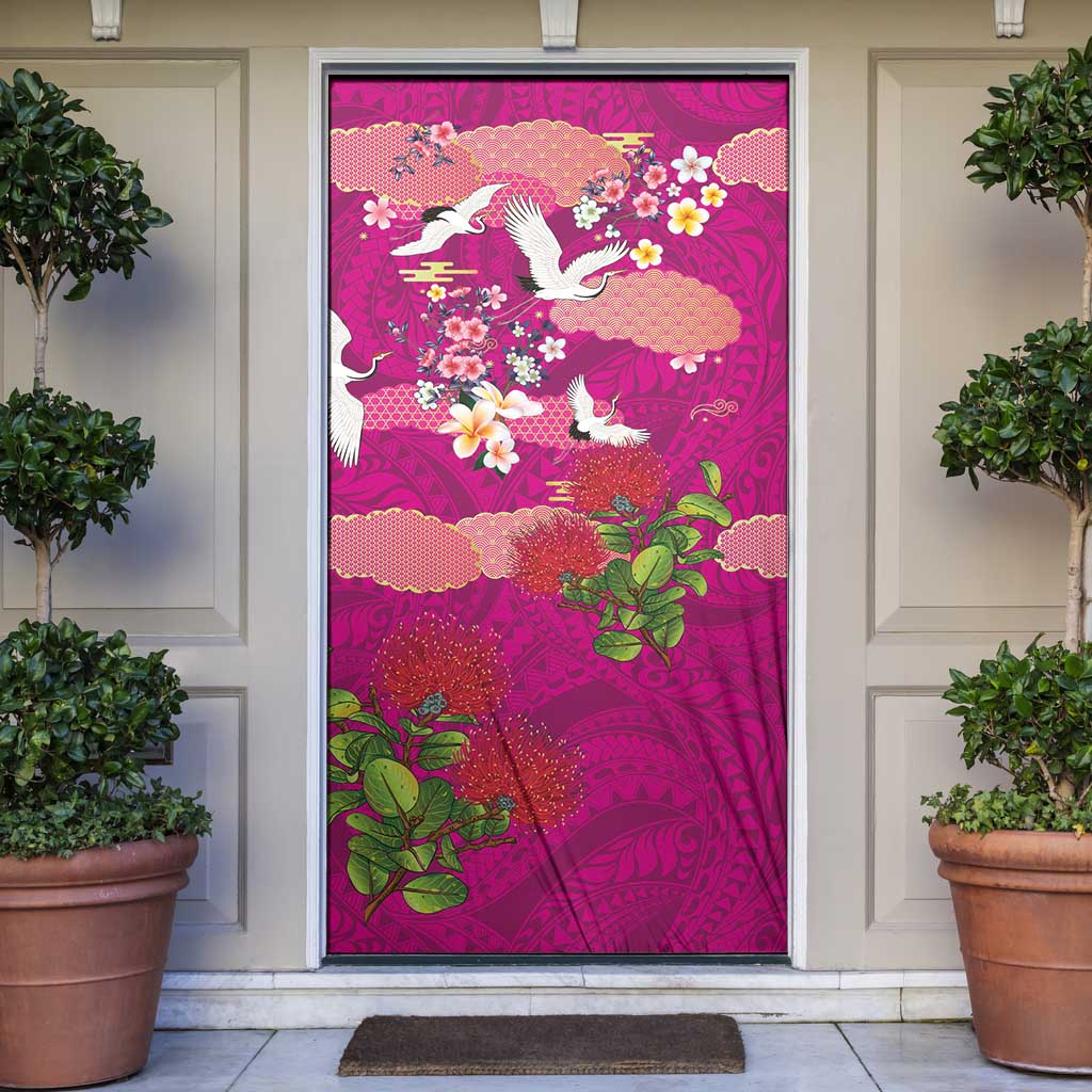 Hawaiian and Japanese Culture Together Door Cover Pink Ohia Lehua Plumeria and Sakura Blooming LT03 Pink - Polynesian Pride
