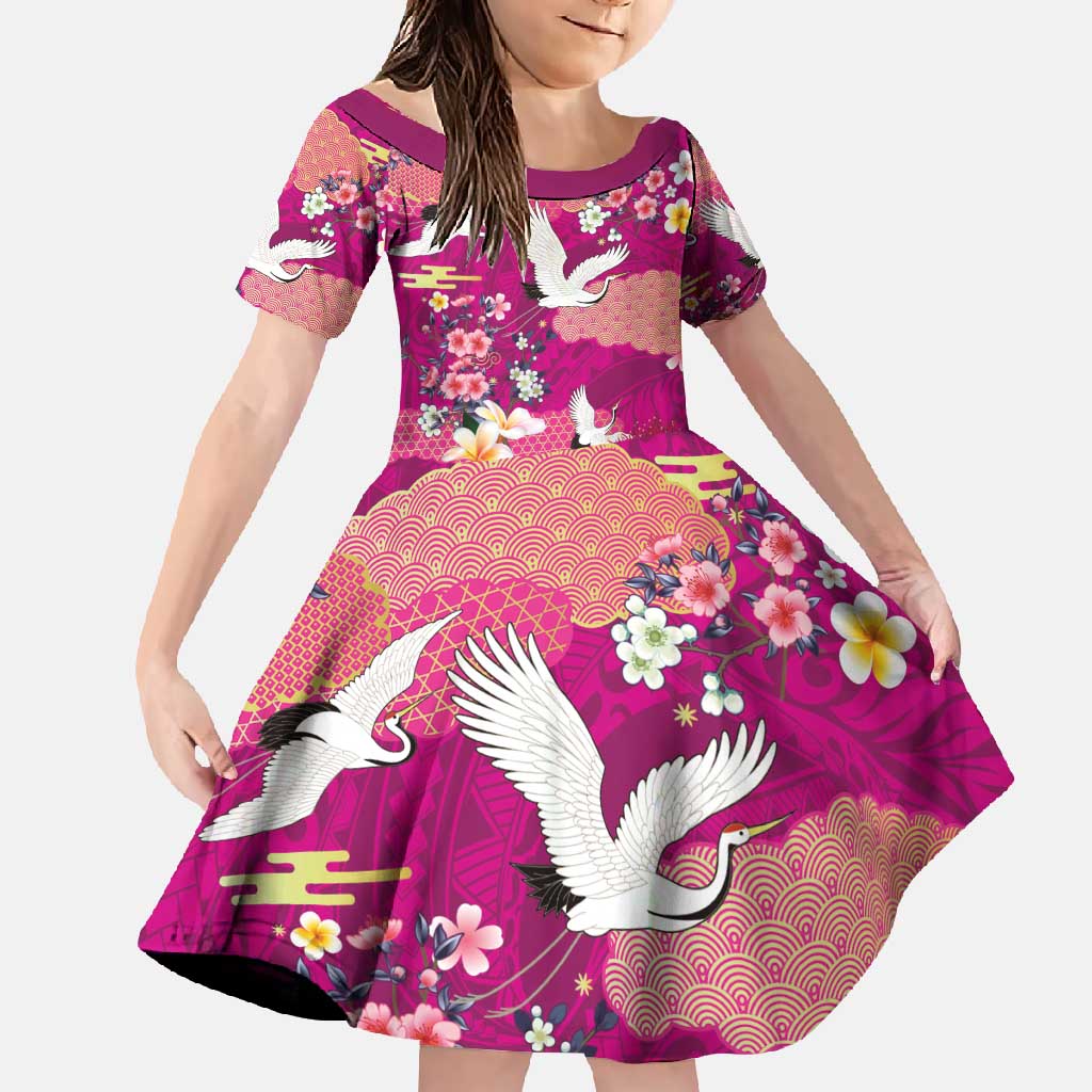 Hawaiian and Japanese Culture Together Family Matching Long Sleeve Bodycon Dress and Hawaiian Shirt Pink Ohia Lehua Plumeria and Sakura Blooming - Polynesian Pride