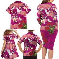 Hawaiian and Japanese Culture Together Family Matching Long Sleeve Bodycon Dress and Hawaiian Shirt Pink Ohia Lehua Plumeria and Sakura Blooming - Polynesian Pride