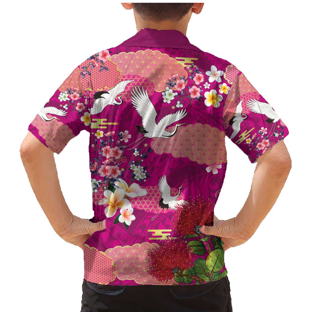 Hawaiian and Japanese Culture Together Family Matching Mermaid Dress and Hawaiian Shirt Pink Ohia Lehua Plumeria and Sakura Blooming - Polynesian Pride