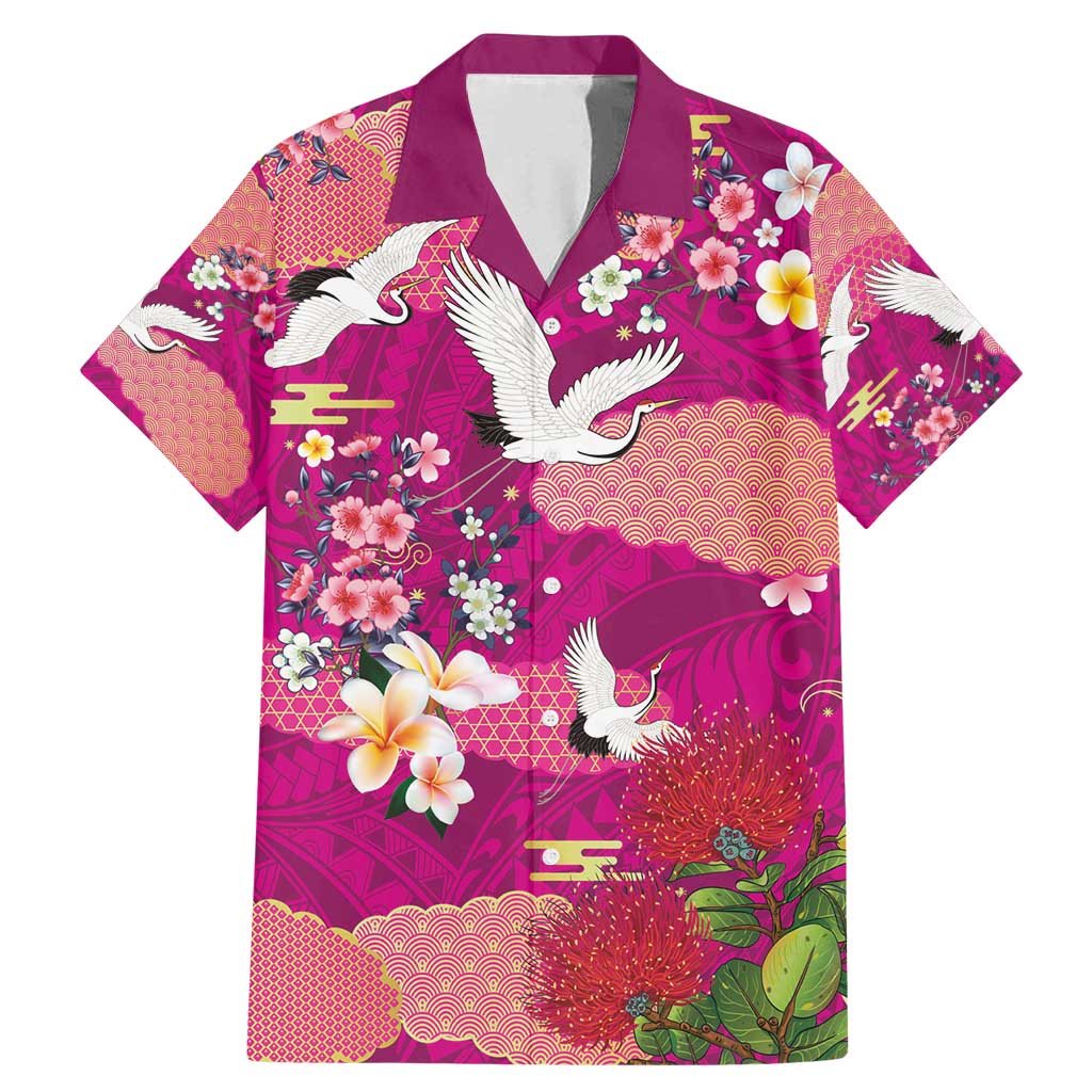 Hawaiian and Japanese Culture Together Family Matching Mermaid Dress and Hawaiian Shirt Pink Ohia Lehua Plumeria and Sakura Blooming - Polynesian Pride