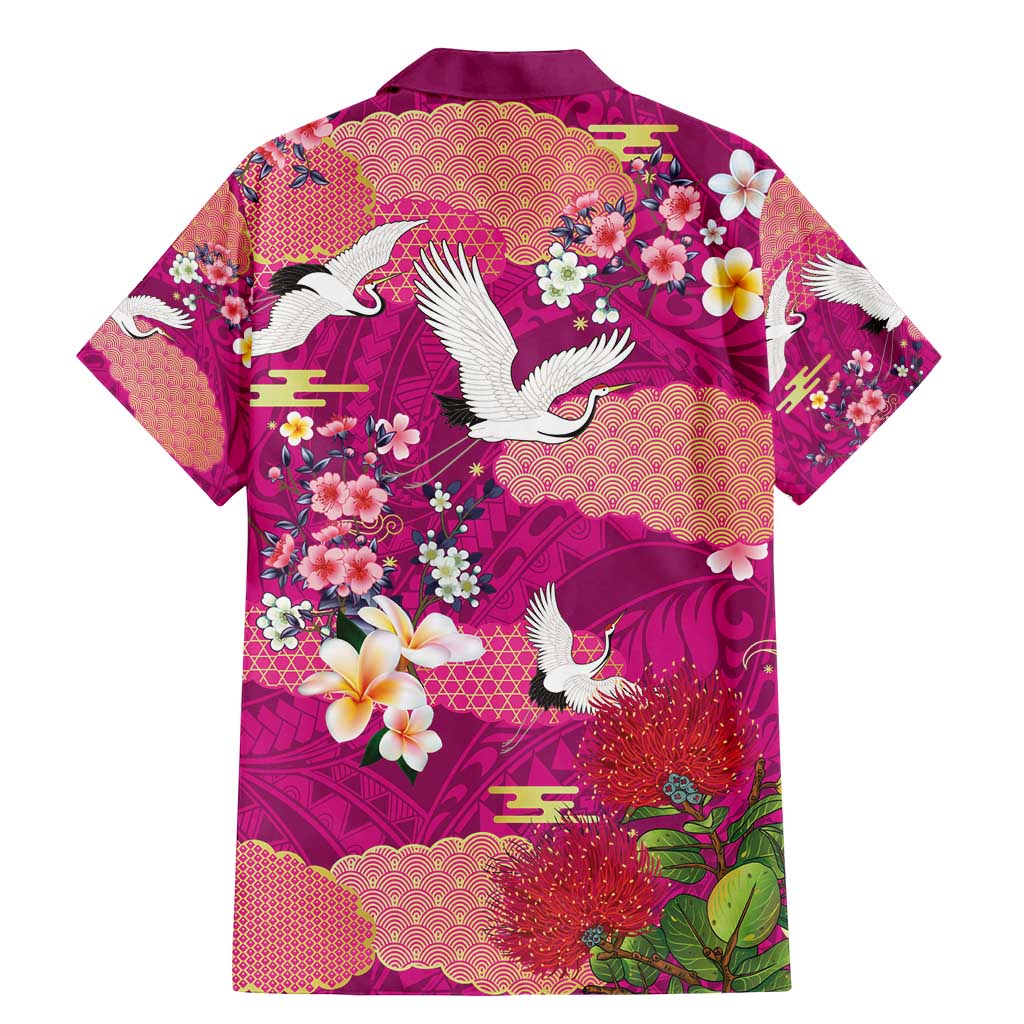Hawaiian and Japanese Culture Together Family Matching Mermaid Dress and Hawaiian Shirt Pink Ohia Lehua Plumeria and Sakura Blooming - Polynesian Pride